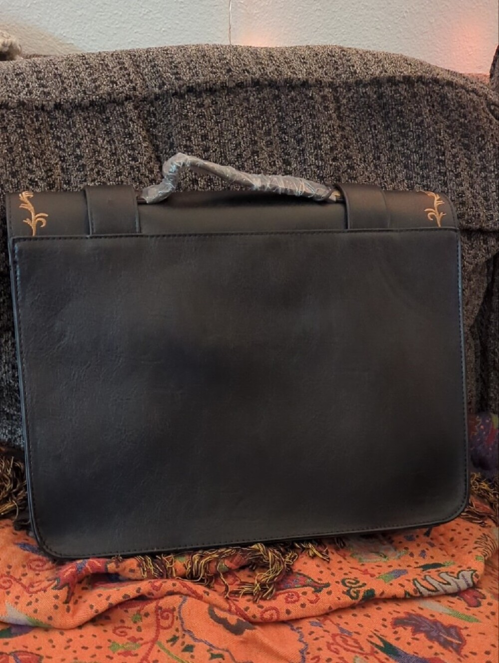 Disturbia Black Faux Leather Messenger Bag with Gold Trim - Picture 3 of 3